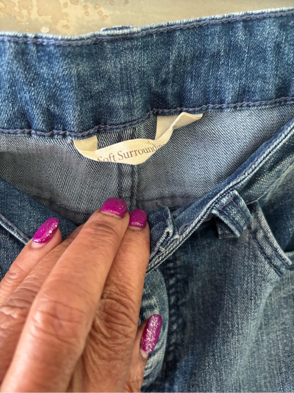 Soft Surroundings Indigo Ankle Jeans with White Embroidered Cuffs - Picture 2 of 10